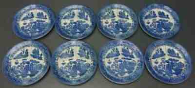 Set of 8 Vintage MORIYAMA Flow Blue Divided Grill Plate BLUE WILLOW Japan 10.25