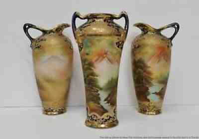 Set Hand Painted Nippon Mt Fuji Garniture Porcelain Vase Pitcher To Fix