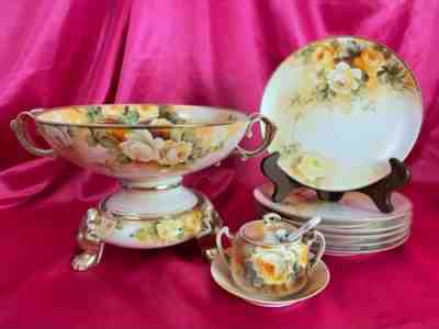 Antique Nippon Hand Painted Roses Punch Bowl & Base Plates Morimura Bros 10/Pcs