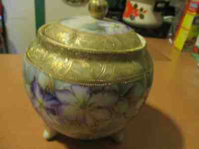 VINTAGE NIPPON PORCELAIN HAND PAINTED PURPLE FLORAL FOOTED JAR WITH LID