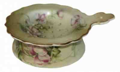 NIPPON HAND PAINTED TEA STRAINER WITH DRIP BOWL with GOLD TRIM - Antique