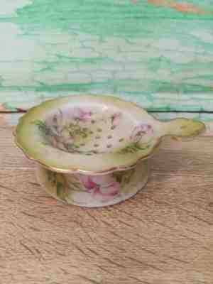 Vintage Nippon Hand Painted Tea Strainer & Drip Bowl Victorian Floral Gold Trim