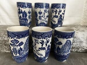 6 Vintage Blue Willow Water Beverage Tumblers Glasses 12 Oz Moriyama Japan 5.25”