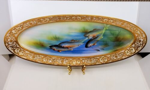 VINTAGE NIPPON RAISED GILT & HAND PAINTED FISH PLATTER 23