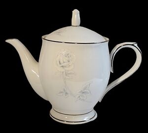 NORITAKE Virtue 2934 China Coffee Tea Pot Blue Rose Silver Trim Dinnerware MINT