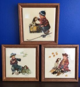 Set of 3 NORMAN ROCKWELL framed tiles featuring a boy's love for his dog / puppy