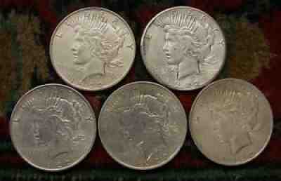 Five- (5) Silver Peace Dollars $5 00 FV--------.900 Silver