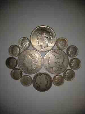 90% Junk Silver Coins. 2 Morgan 1 Peace 1 Barber 10 FDR. Face Value $4.50