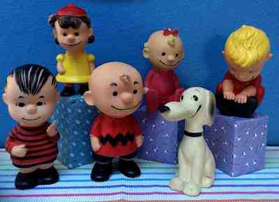 Vintage 1958 ORIGINAL HUNGERFORD PEANUTS Gang Snoopy Sally SIX VINYL DOLLS UFS 