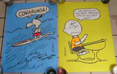 Rare Peanuts COWABUNGA! Surfing Snoopy Poster + Charlie Brown New Math Springbok