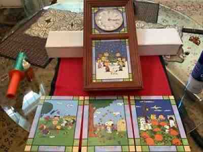 Rare DANBURY MINT Stained Glass Peanuts Snoopy Seasons Wall Clock 4 PCs Of Glass