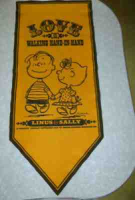 Linus & Sally Peanuts 1967 yellow felt banner - Love is Walking 