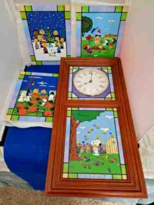 RARE DANBURY MINT Stained Glass Peanuts Snoopy 4 Seasons Wall Clock ~Complete