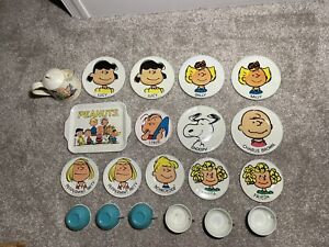 Peanuts Snoopy Characters 1950-1966 Metal Tin Plates, Tray, Tea cups, and Kettle