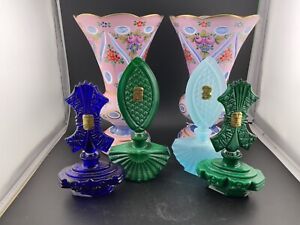 2 matching overlay vases and 20 assorted czech perfume bottles