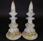 Pair Antique French Opaline Glass Perfume Bottles w Painted Flowers & Gold Trim