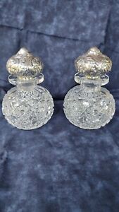 Antique English Cut Glass Pair Of Perfume Bottles With Silver Stoppers