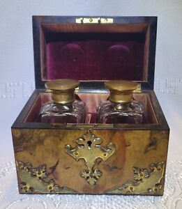 Atq English 19th C Burl Wood Brass Highlights Perfume Caddy Box Cut Glass Bottle