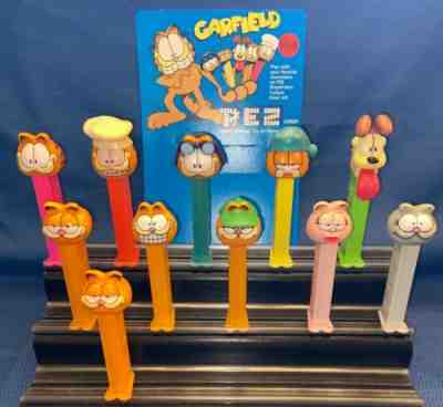 Lot Of 11 Pez Garfield Set Nermal Arlene Odie Chef Pilot + Display Sign Vintage