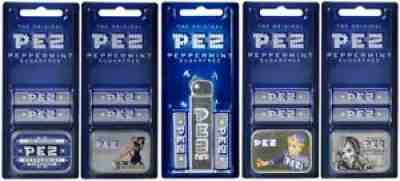 PEZ REGULAR SILVER GLOW & 4 RETRO PEZ TINS W/ SUGARLESS PEPPERMINT CANDY MOC 