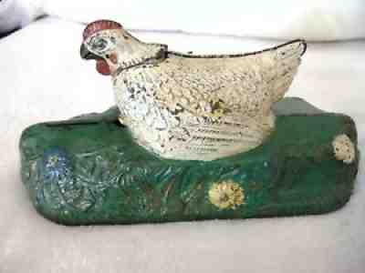 Rare J. & E. Stevens Original Cast Iron Hen & Chick Mechanical Bank White Hen