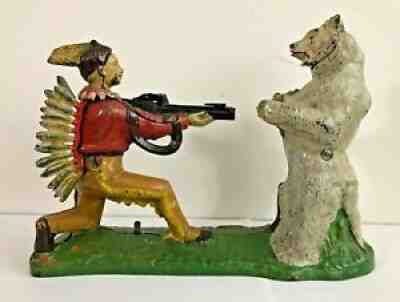 c. 1907 J. & E. Stevens Cast Iron "Indian Shooting Bear (Bear Hunt)" Mech. Bank