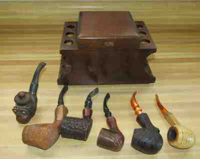 ESTATE LOT OF 6 VINTAGE TOBACCO SMOKING PIPES W/ WALNUT PIPE HOLDER & HUMIDOR