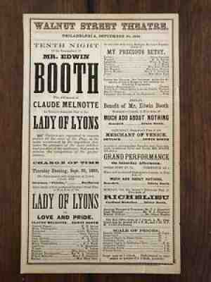Antique Edwin Booth WALNUT STREET THEATRE RARE Theater Playbill Broadside 1869