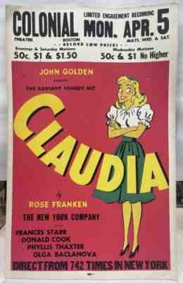 New ListingVintage 1940â??s Movie Theater Poster Claudia Colonial Theater Boston Comedy