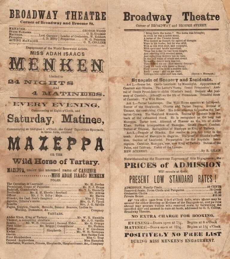 *ADAH ISSACS MENKEN IN LORD BYRON'S MAZEPPA RARE 1863 PLAY PROGRAM*