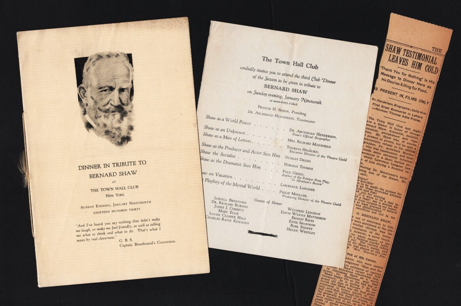 Tribute Dinner / GEORGE BERNARD SHAW / Town Hall Club 1930 New York City Program