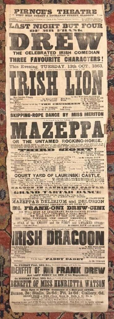 *BARRYMORE DYNASTY: FRANK DREW RARE LARGE 1863 30 X 10 INCH THEATRE BROADSIDE*