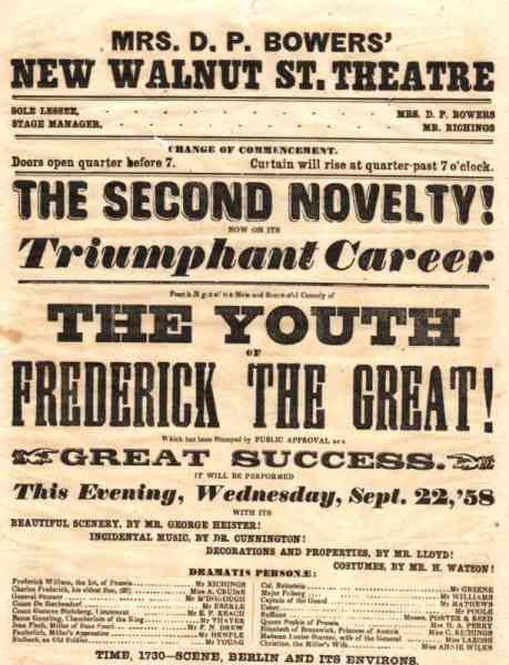 *WALNUT STREET THEATRE RARE 1858 BROADSIDE THE YOUTH OF FREDERICK THE GREAT*