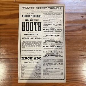 *EDWIN BOOTH RARE  1869 THEATRE PROGRAM Walnut Theatre Much Ado About Nothing