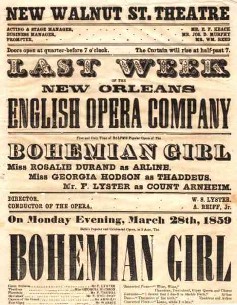 *WALNUT STREET THEATRE 1859 BROADSIDE BOHEMIAN GIRL ENGLISH OPERA COMPANY*