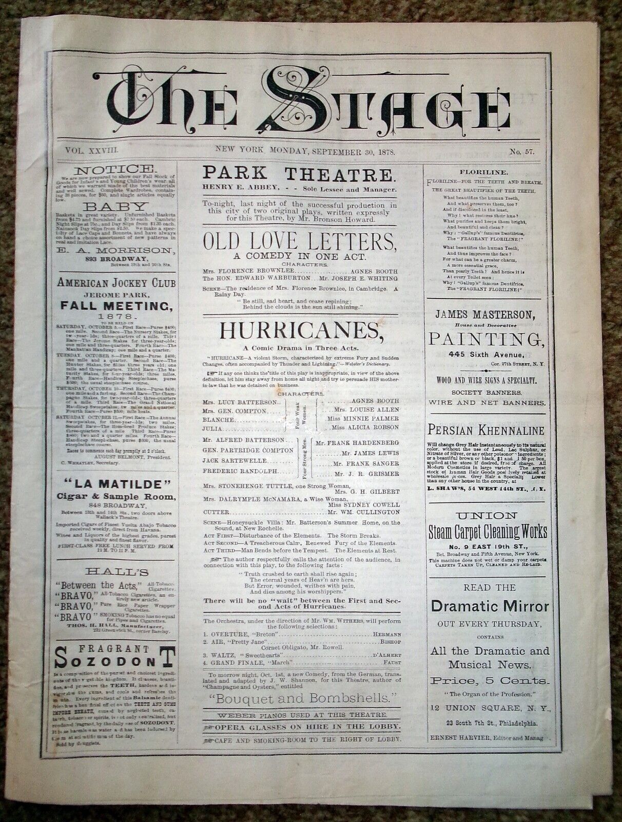 Agnes Booth Hurricanes Old Love Letters Full Program 1878 Park Theatre Edwin