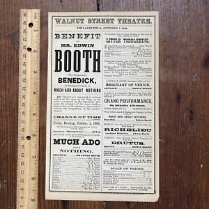 *EDWIN BOOTH RARE  1869 THEATRE PROGRAM Walnut Theatre Much Ado About Nothing