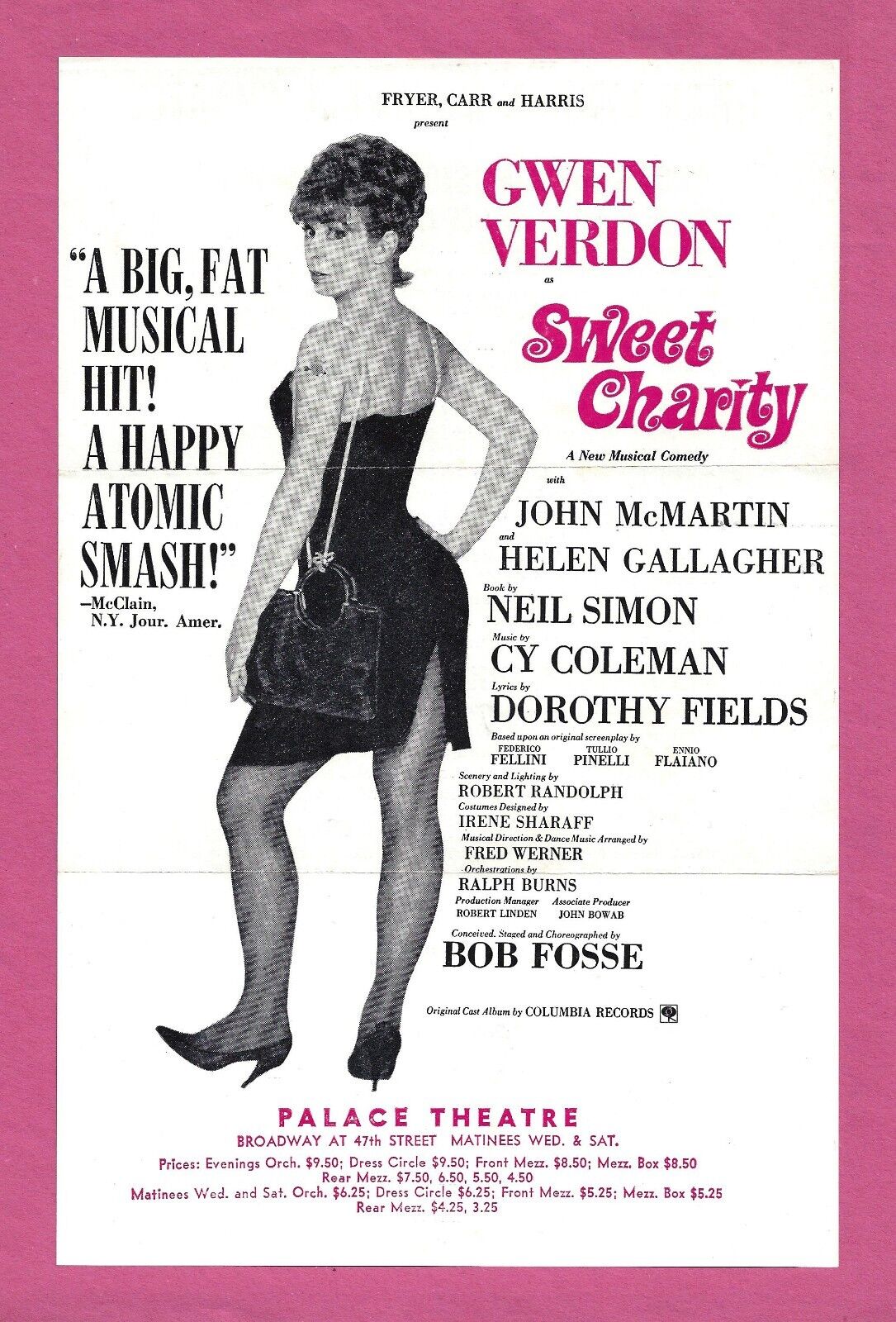 Gwen Verdon "SWEET CHARITY" Cy Coleman / Bob Fosse / Ruth Buzzi 1966 Flyer
