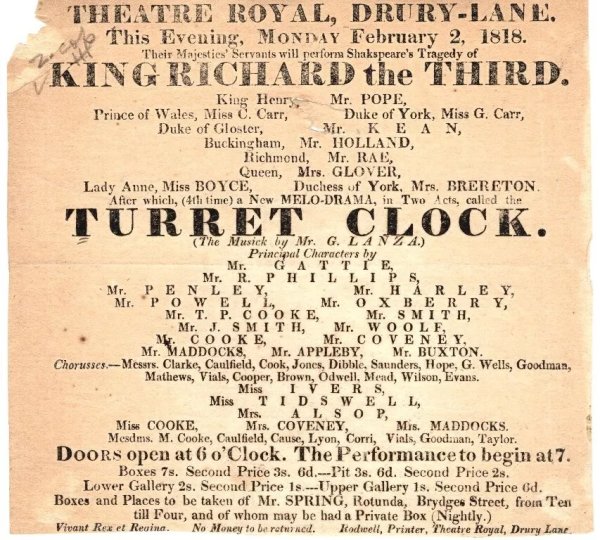 *EDMUND KEAN WORLD'S GREATEST ACTOR (1787-1833) RARE 1818 RICHARD III BROADSIDE*