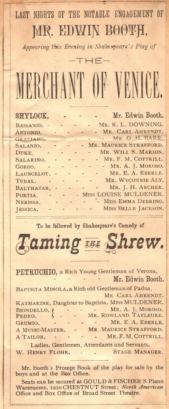 *EDWIN BOOTH 1878 MERCHANT OF VENICE & TAMING OF THE SHREW PROGRAM*