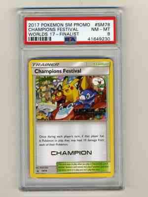 POKEMON PSA 8 NM-MINT 2017 CHAMPIONS FESTIVAL CHAMPION STAMP WORLD CARD PIKACHU