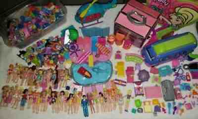 MEGA Huge Lot Polly Pocket Dolls W Boy Clothing Playset Pool Bus Store VTG