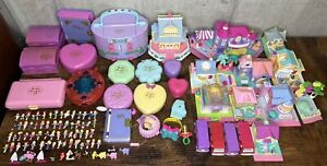 Huge Vintage 90s Polly Pocket Lot 61 figures 32 play-sets, Vehicles & Compacts