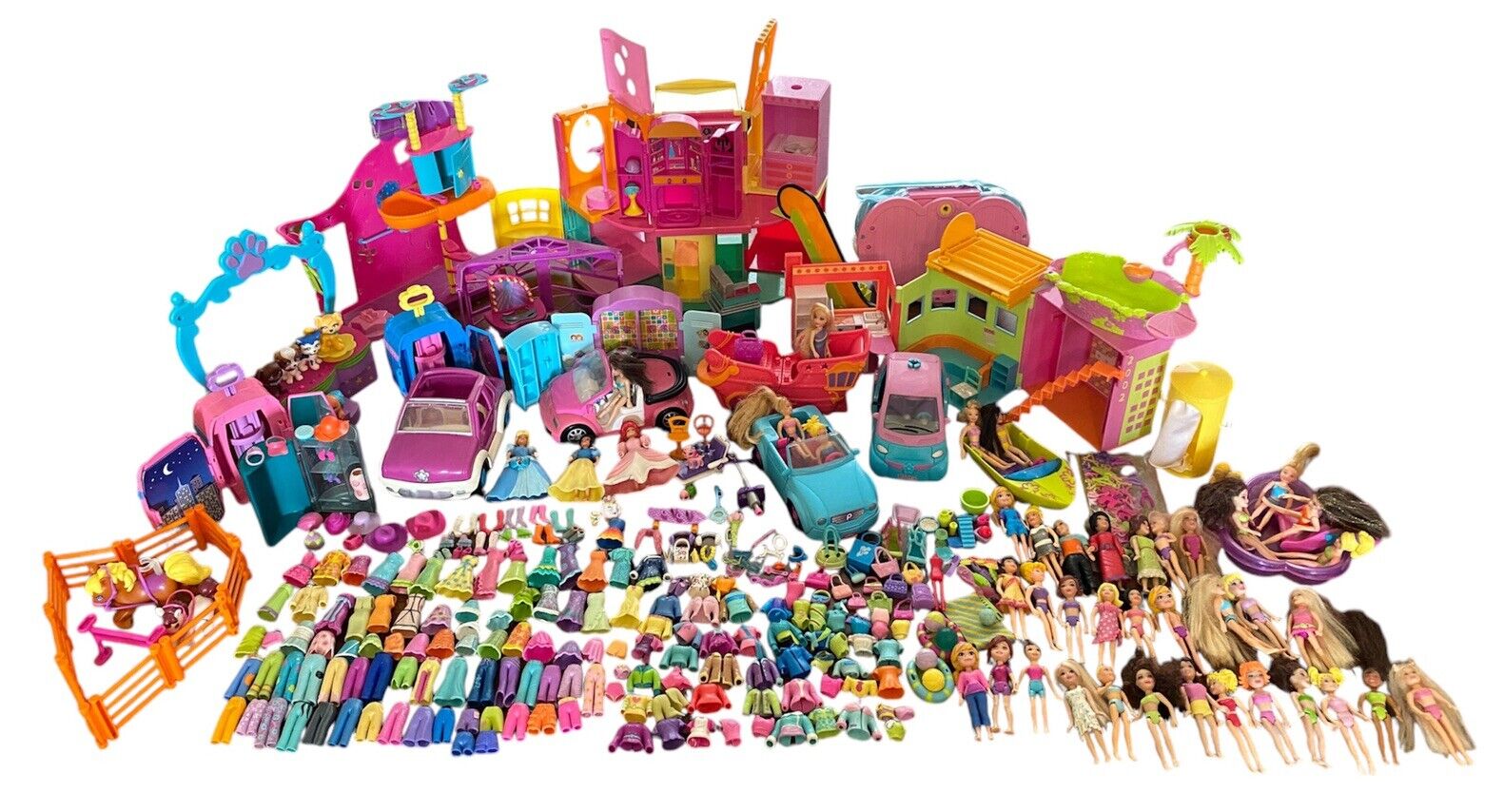 Vtg Polly Pocket Huge Lot 43 Dolls Accessories Furniture Clothes Houses Pets Car