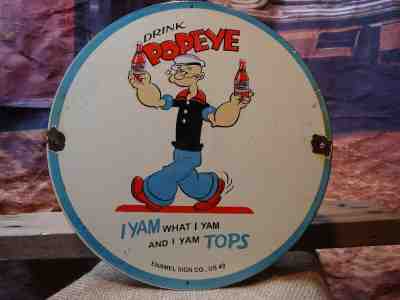 RARE OLD VINTAGE 1949 DRINK POPEYE PORCELAIN ADVERTISING SIGN SODA BEVERAGE