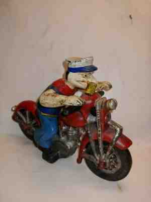 Vintage Popeye Heavy Cast Iron Hubley Patrol Motorcycle Toy,Rider,Metal Wheels