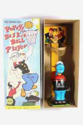 Vintage 1940's Tin Windup POPEYE Basketball Player Line MAR Toys Japan w/ Box