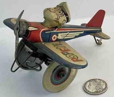 Vintage 1940 Louis Marx Popeye The Pilot Eccentric Airplane Tin Litho WindUp Toy