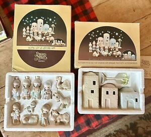 Enesco Precious Moments Come Let Us Adore Him 11 Pc 1982 Mini Nativity & Bldgs.