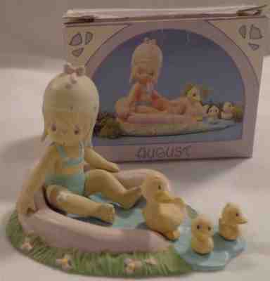 PRECIOUS MOMENTS FIGURINE MINIATURE MONTHLY AUGUST GIRL WITH DUCKS IN POOL 1989